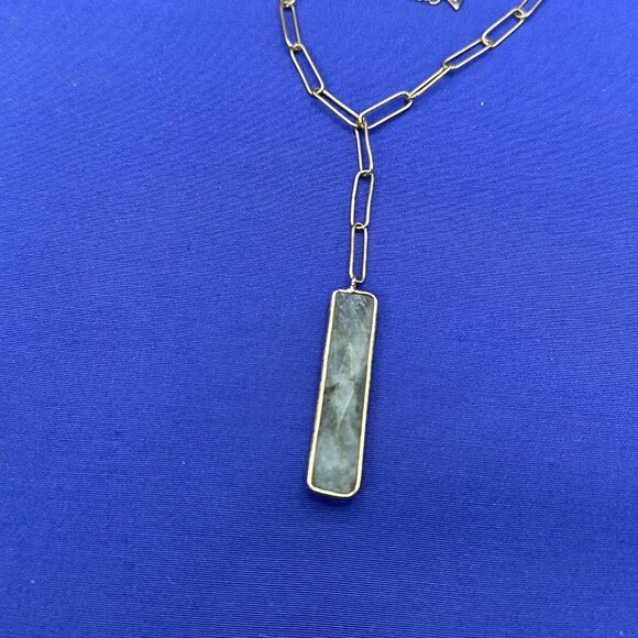 Serefina “Paper Clip” Chain & Light Green/Gray Stone Pendant Necklace - Picture 5 of 14